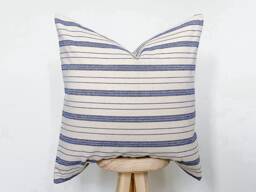 Blue Striped Farmhouse Pillow Cover Woven Country Cushion - 20 Inch - thumbnail 1