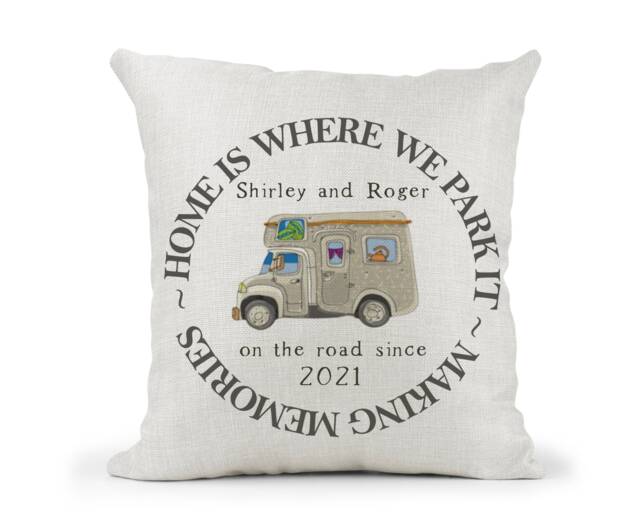 Personalised Camper Van Motorhome Campervan Cream Canvas Cushion, Home Is Where We Park It , Home Decor, Wedding, Anniversary Gift - image 1