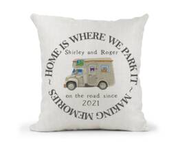 Personalised Camper Van Motorhome Campervan Cream Canvas Cushion, Home Is Where We Park It , Home Decor, Wedding, Anniversary Gift - thumbnail 1