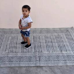 Large Block Printed Cotton Dhurrie Rug, Bohemian Decor - 4x6 Ft - thumbnail 2