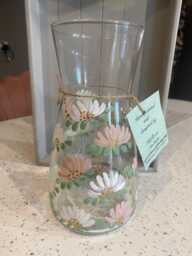 Hand Painted Glass Vase Decanter Carafe Floral Contemporary Design Beige White - thumbnail 1