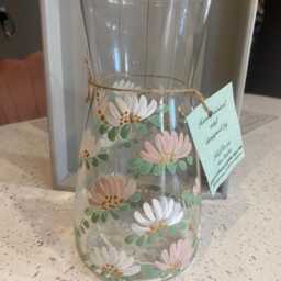 Hand Painted Glass Vase Decanter Carafe Floral Contemporary Design Beige White - thumbnail 3