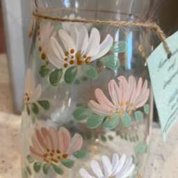 Hand Painted Glass Vase Decanter Carafe Floral Contemporary Design Beige White - thumbnail 2