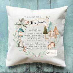 Personalised Christening Baptism Gift Promise To Godchild Godson Goddaughter Animals Woodland Linen Style Cushion Godparent Godmother