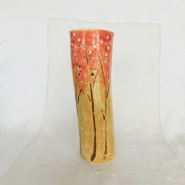 Tall Cylinder Vase in Golden Coral With Hand Carved Pierced Porcelain, Wedding Decor - image 1