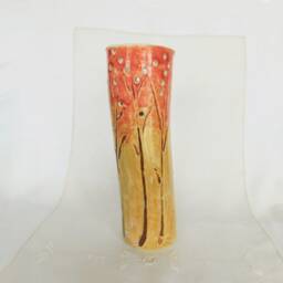 Tall Cylinder Vase in Golden Coral With Hand Carved Pierced Porcelain, Wedding Decor - thumbnail 1