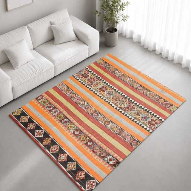 Orange Red Ethnic Woven Stripe Rug Non-Slip Soft Area Carpet Bedroom Living Room Hallway Mat Decor - Made in UK - image 1