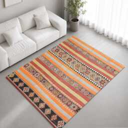 Orange Red Ethnic Woven Stripe Rug Non-Slip Soft Area Carpet Bedroom Living Room Hallway Mat Decor - Made in UK - thumbnail 1