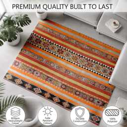 Orange Red Ethnic Woven Stripe Rug Non-Slip Soft Area Carpet Bedroom Living Room Hallway Mat Decor - Made in UK - thumbnail 3