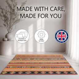 Orange Red Ethnic Woven Stripe Rug Non-Slip Soft Area Carpet Bedroom Living Room Hallway Mat Decor - Made in UK - thumbnail 2