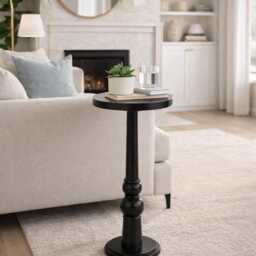 Handmade Wooden Round Pedestal Black Side Table Accent For Living Room, Bedroom, Coffee - thumbnail 2