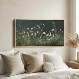 White Wildflower Row Long Horizontal Wall Art Above Bed Framed Canvas Print For Living Room Bedroom Hallway Minimal Floral Artwork - thumbnail 1