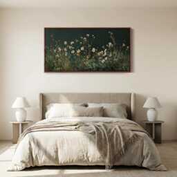 White Wildflower Row Long Horizontal Wall Art Above Bed Framed Canvas Print For Living Room Bedroom Hallway Minimal Floral Artwork - thumbnail 2