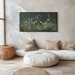 White Wildflower Row Long Horizontal Wall Art Above Bed Framed Canvas Print For Living Room Bedroom Hallway Minimal Floral Artwork - thumbnail 3