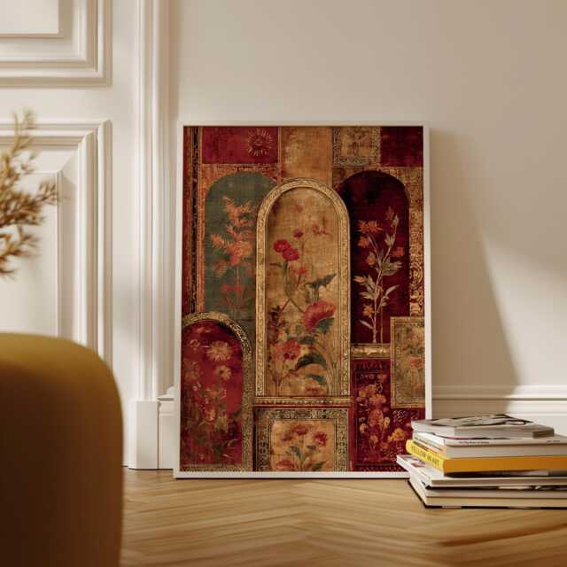 Persian Floral Arch Pattern in Red & Gold Tones, Wall Decor - image 1