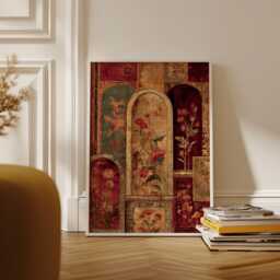 Persian Floral Arch Pattern in Red & Gold Tones, Wall Decor - thumbnail 1