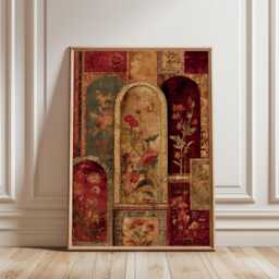 Persian Floral Arch Pattern in Red & Gold Tones, Wall Decor - thumbnail 2