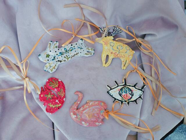 Animal Spirits & Eye Ceramic Handmade Hangings With Gold Details Luxury Ribbons. Squirrel, Reindeer, Rabbit, Swan, Eye. Christmas - image 1