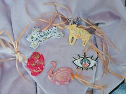 Animal Spirits & Eye Ceramic Handmade Hangings With Gold Details Luxury Ribbons. Squirrel, Reindeer, Rabbit, Swan, Eye. Christmas - thumbnail 1