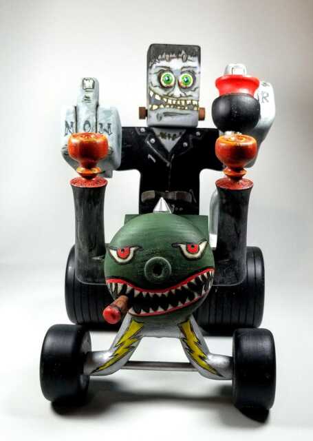 Frankenstein's Monster Wood Sculpture, Rat Fink Hotrod Gasser Art - image 1