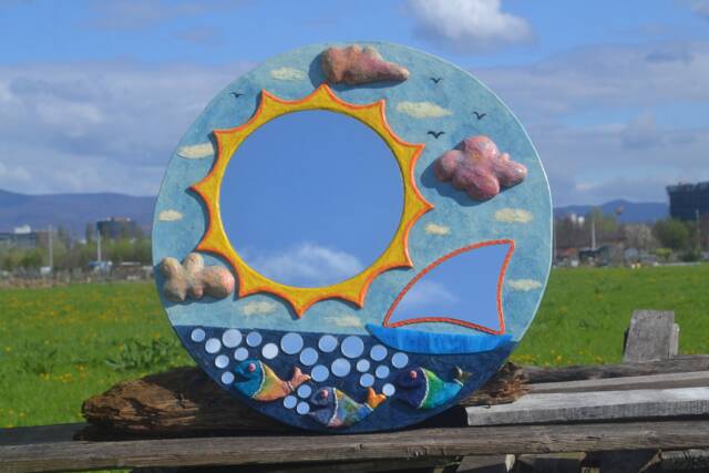 Large Sun Mirror, Decorative Wall Mirror, Blue Round Paper-Mache Nautical Decor, Sail Boat Fisherman Gift, Fish - image 1
