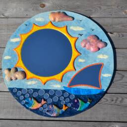Large Sun Mirror, Decorative Wall Mirror, Blue Round Paper-Mache Nautical Decor, Sail Boat Fisherman Gift, Fish - thumbnail 3