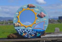 Large Sun Mirror, Decorative Wall Mirror, Blue Round Paper-Mache Nautical Decor, Sail Boat Fisherman Gift, Fish