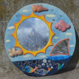 Large Sun Mirror, Decorative Wall Mirror, Blue Round Paper-Mache Nautical Decor, Sail Boat Fisherman Gift, Fish - thumbnail 2