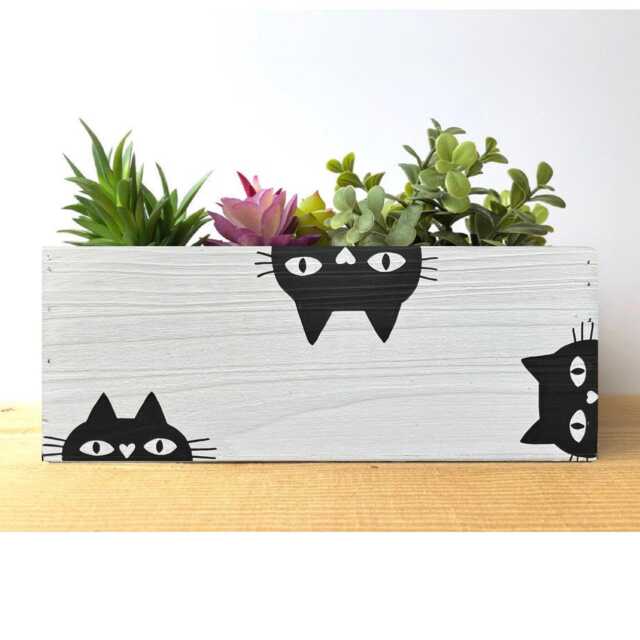 Black Cat Planter Hand-Painted Wood Decorative Box - image 1