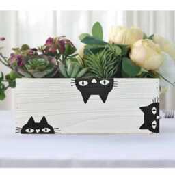 Black Cat Planter Hand-Painted Wood Decorative Box - thumbnail 3
