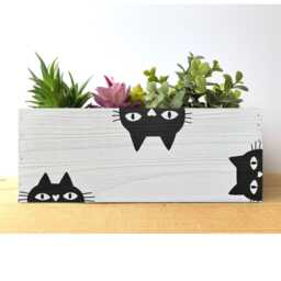 Black Cat Planter Hand-Painted Wood Decorative Box