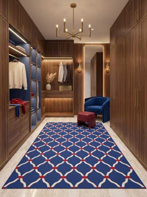 Navy Blue Trellis With Red Detailing Cotton Flatweave Rug - Modern Geometric Area For, Bedroom & Designer Interiors in Custom Options - image 1