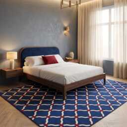 Navy Blue Trellis With Red Detailing Cotton Flatweave Rug - Modern Geometric Area For, Bedroom & Designer Interiors in Custom Options - thumbnail 4