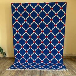 Navy Blue Trellis With Red Detailing Cotton Flatweave Rug - Modern Geometric Area For, Bedroom & Designer Interiors in Custom Options - thumbnail 2