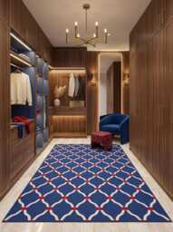 Navy Blue Trellis With Red Detailing Cotton Flatweave Rug - Modern Geometric Area For, Bedroom & Designer Interiors in Custom Options - thumbnail 1