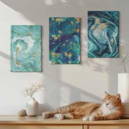 Set Of 3 Canvas Prints - Turquoise Abstraction Spilled Paint, Large Wall Art, Natural Textures Decor - thumbnail 2
