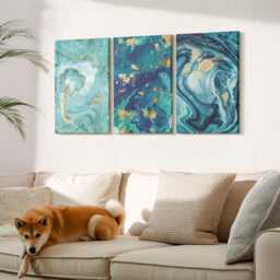 Set Of 3 Canvas Prints - Turquoise Abstraction Spilled Paint, Large Wall Art, Natural Textures Decor - thumbnail 3