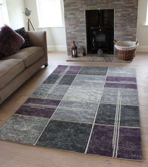 New Mauve Silver Grey Rugs Small Large Mats Modern Blocks Design UK