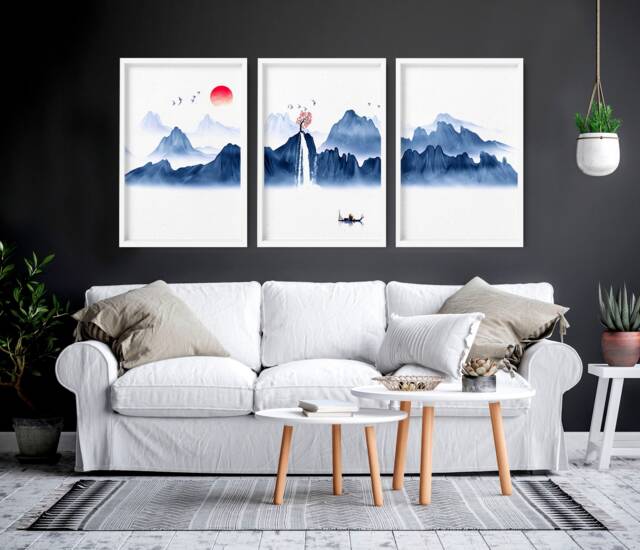 Office Decor Set X 3 Wall Art Prints, Home Japanese Art, Calming Zen Wall Decor, Japandi Illustration Living Room Minimalist - image 1