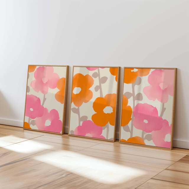 Modern Floral Wall Art Set Of 3, Pink & Orange Flower Prints, Scandinavian Minimalist Botanical Poster For Bedroom Or Living Room - image 1