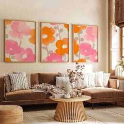 Modern Floral Wall Art Set Of 3, Pink & Orange Flower Prints, Scandinavian Minimalist Botanical Poster For Bedroom Or Living Room - thumbnail 3