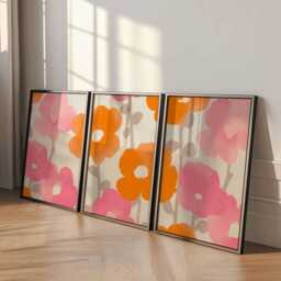 Modern Floral Wall Art Set Of 3, Pink & Orange Flower Prints, Scandinavian Minimalist Botanical Poster For Bedroom Or Living Room - thumbnail 2