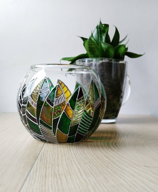 Hand Painted Glass Succulent Planter Green Leaves Sphere Vase - image 1