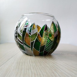 Hand Painted Glass Succulent Planter Green Leaves Sphere Vase - thumbnail 2