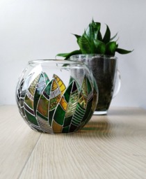 Hand Painted Glass Succulent Planter Green Leaves Sphere Vase