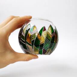 Hand Painted Glass Succulent Planter Green Leaves Sphere Vase - thumbnail 4