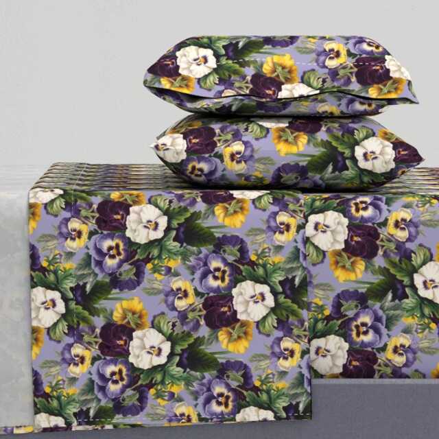 Floral Pansies Cotton Sateen Sheet Set - Purple Victorian Bedding - image 1