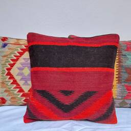 "Afghan Handwoven Red Kilim Vintage Large Carpet Cushion Cover, 60cm X 60cm, - 24"" 24" - thumbnail 2