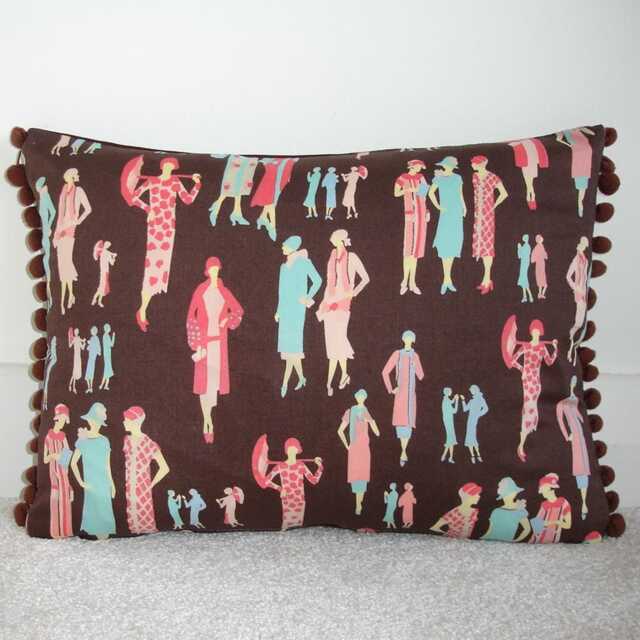 "Cushion Cover 1920S Fashion Ladies Liberty Fabric With Pom Trim 16"" X 12" - image 1