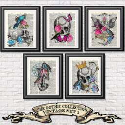 Gothic Skull Art Print Set - Vintage Dictionary Page Wall Bird & Skeleton Decor Of 5 Upcycled Book Prints - thumbnail 2
